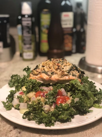 Spinach and Artichoke Stuffed Salmon with Kale and Quinoa Salad
