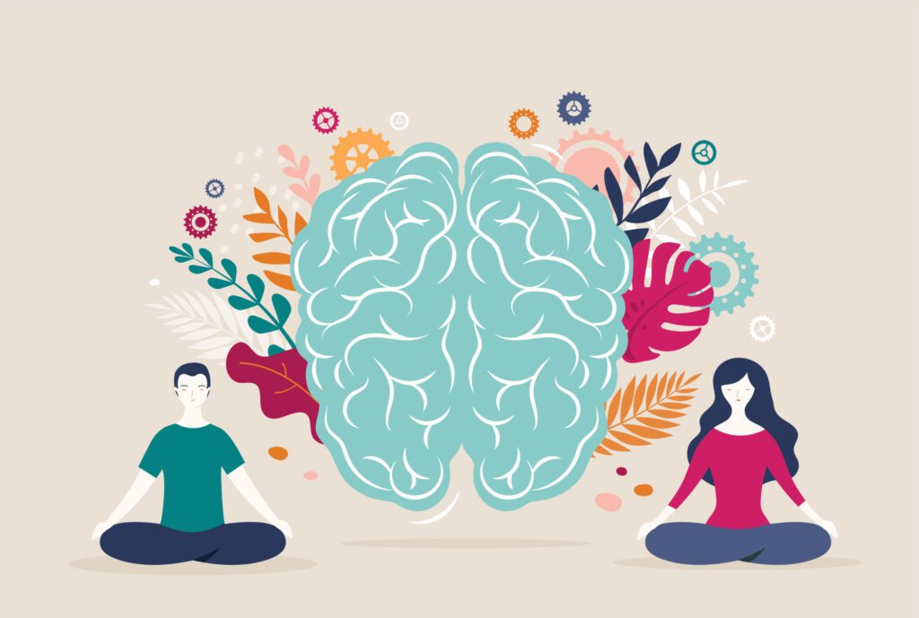 Young woman and man sit with crossed legs and meditate with brain icon on the background